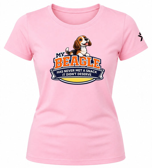 NOMAiX PAWS Beagle T-Shirt for Women - My Beagle Has Never Met a Snack It Didn't Deserve - Funny Dog Mom Gift Tee - Baby Pink - Flat