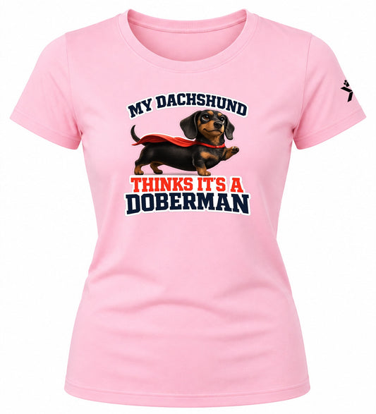 NOMAiX PAWS Dachshund T-Shirt for Women - My Dachshund Thinks It's a Doberman - Funny Dog Mom Gift Tee - Baby Pink - Flat