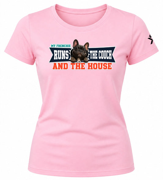 NOMAiX PAWS French Bulldog T-Shirt for Women - My Frenchie Runs the Couch and the House - Funny Dog Mom Gift Tee - Baby Pink - Flat