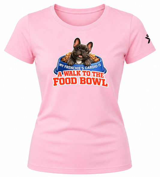 NOMAiX PAWS French Bulldog T-Shirt for Women - My Frenchie's Cardio Is a Walk to the Food Bowl - Funny Dog Mom Gift Tee - Baby Pink - Flat