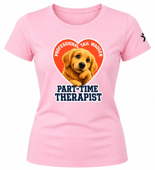 NOMAiX PAWS Golden Retriever T-Shirt for Women - Professional Tail Wagger Part-Time Therapist - Funny Dog Mom Gift Tee - Baby Pink - Flat