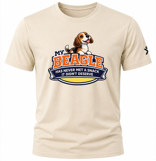 NOMAiX PAWS Beagle T-Shirt for Men - My Beagle Has Never Met a Snack It Didn't Deserve - Funny Dog Dad Gift Tee - Beige - Flat