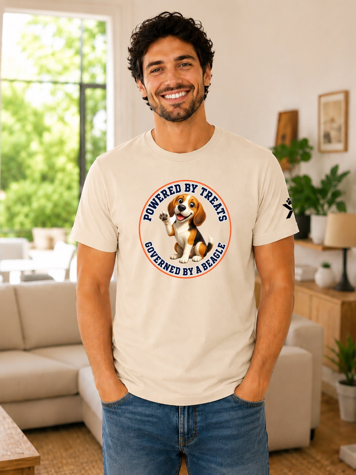 NOMAiX PAWS Beagle T-Shirt for Men - Powered By Treats Governed By a Beagle - Funny Dog Dad Gift Tee - Beige - Lifestyle