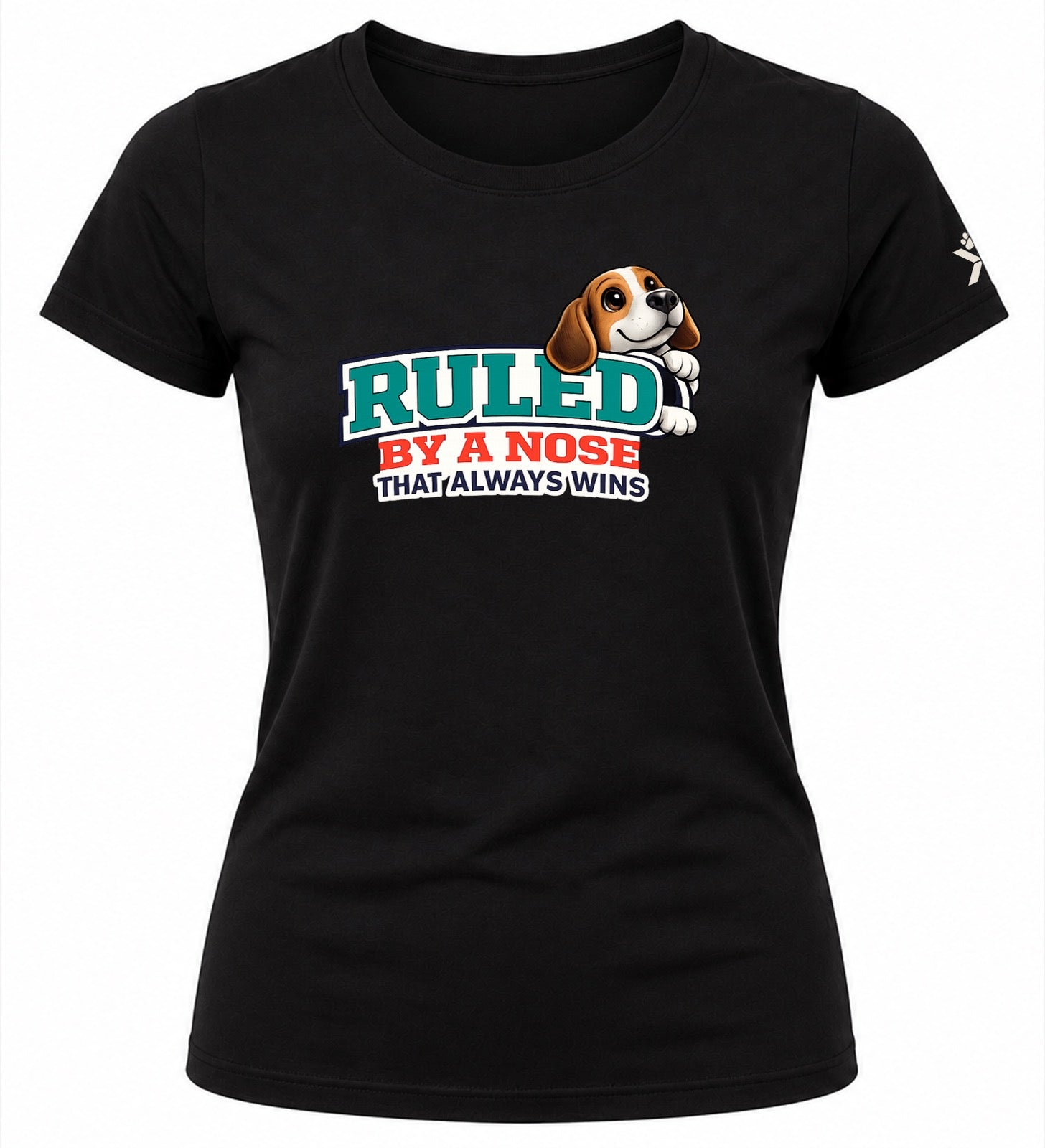 NOMAiX PAWS Beagle T-Shirt for Women - Ruled By a Nose That Always Wins - Funny Dog Mom Gift Tee - Black - Flat
