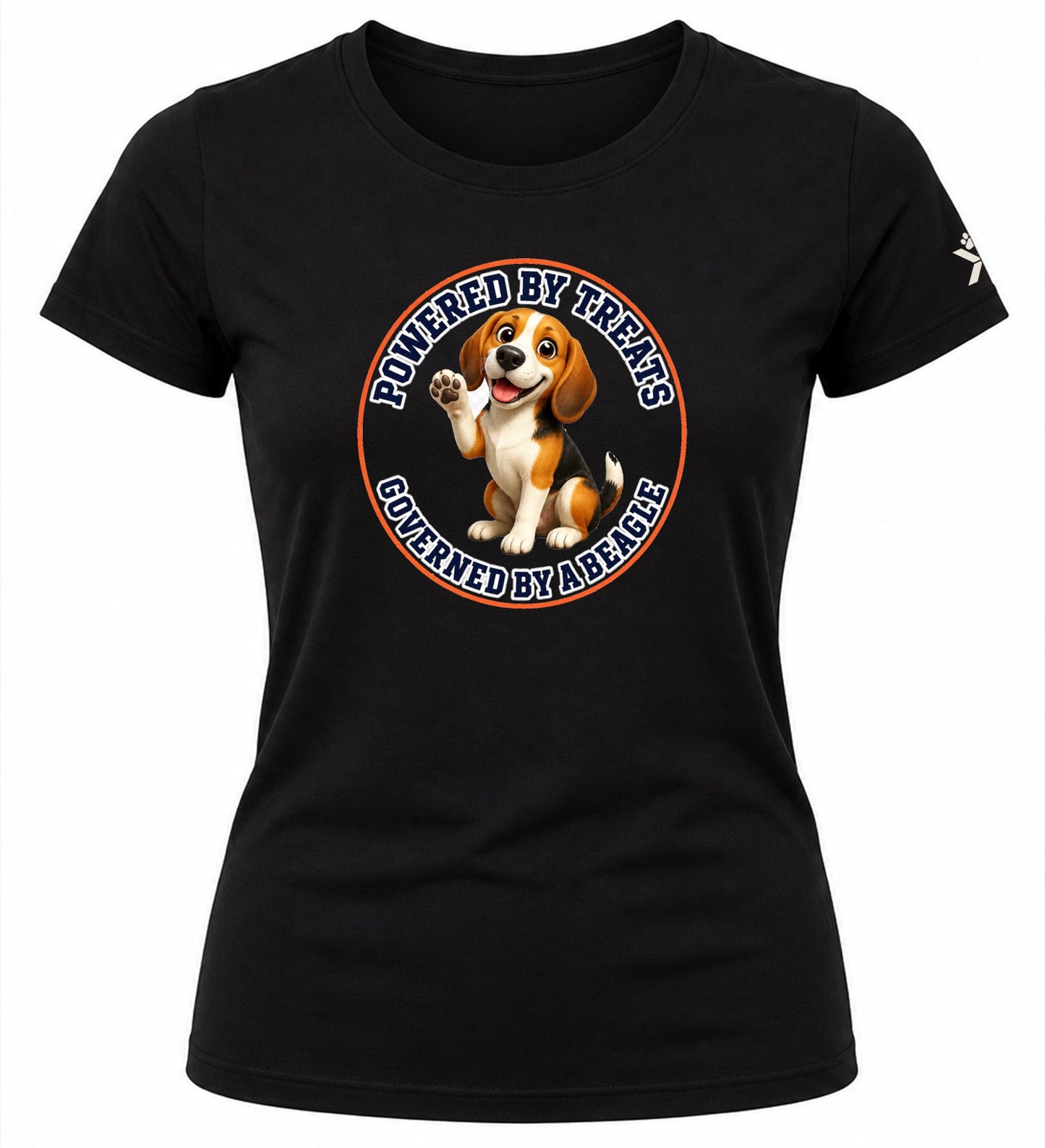 NOMAiX PAWS Beagle T-Shirt for Women - Powered By Treats Governed By a Beagle - Funny Dog Mom Gift Tee - Black - Flat