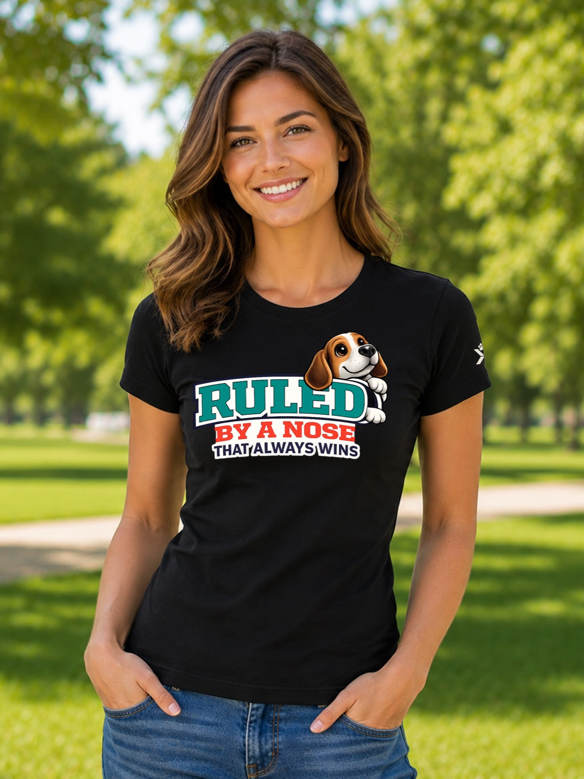 NOMAiX PAWS Beagle T-Shirt for Women - Ruled By a Nose That Always Wins - Funny Dog Mom Gift Tee - Black - Lifestyle