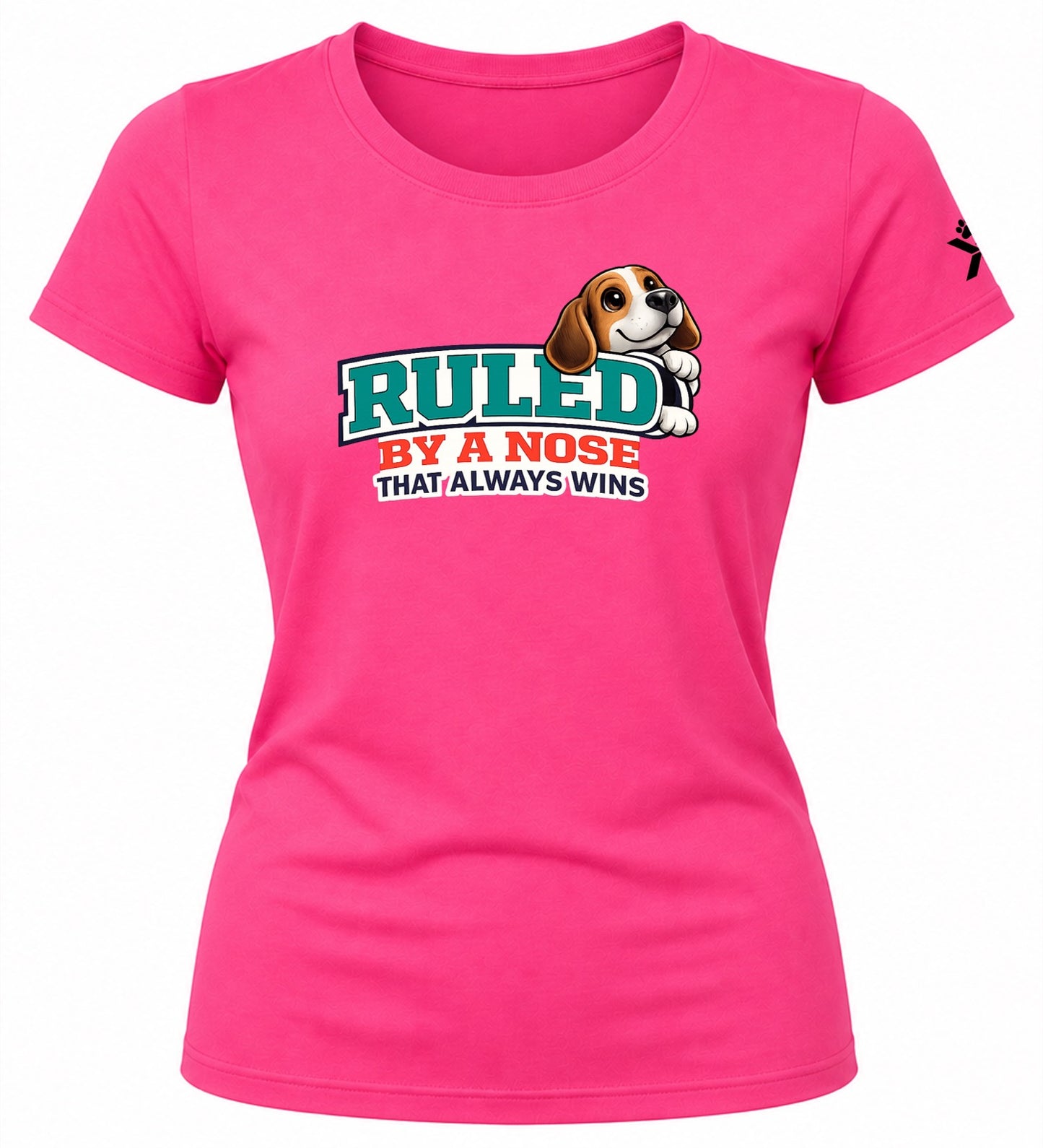 NOMAiX PAWS Beagle T-Shirt for Women - Ruled By a Nose That Always Wins - Funny Dog Mom Gift Tee - Bright Pink - Flat