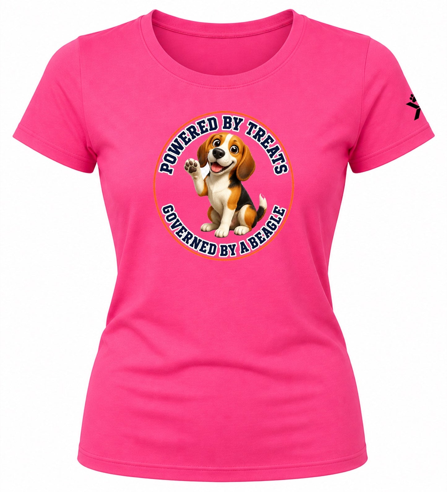 NOMAiX PAWS Beagle T-Shirt for Women - Powered By Treats Governed By a Beagle - Funny Dog Mom Gift Tee - Bright Pink - Flat