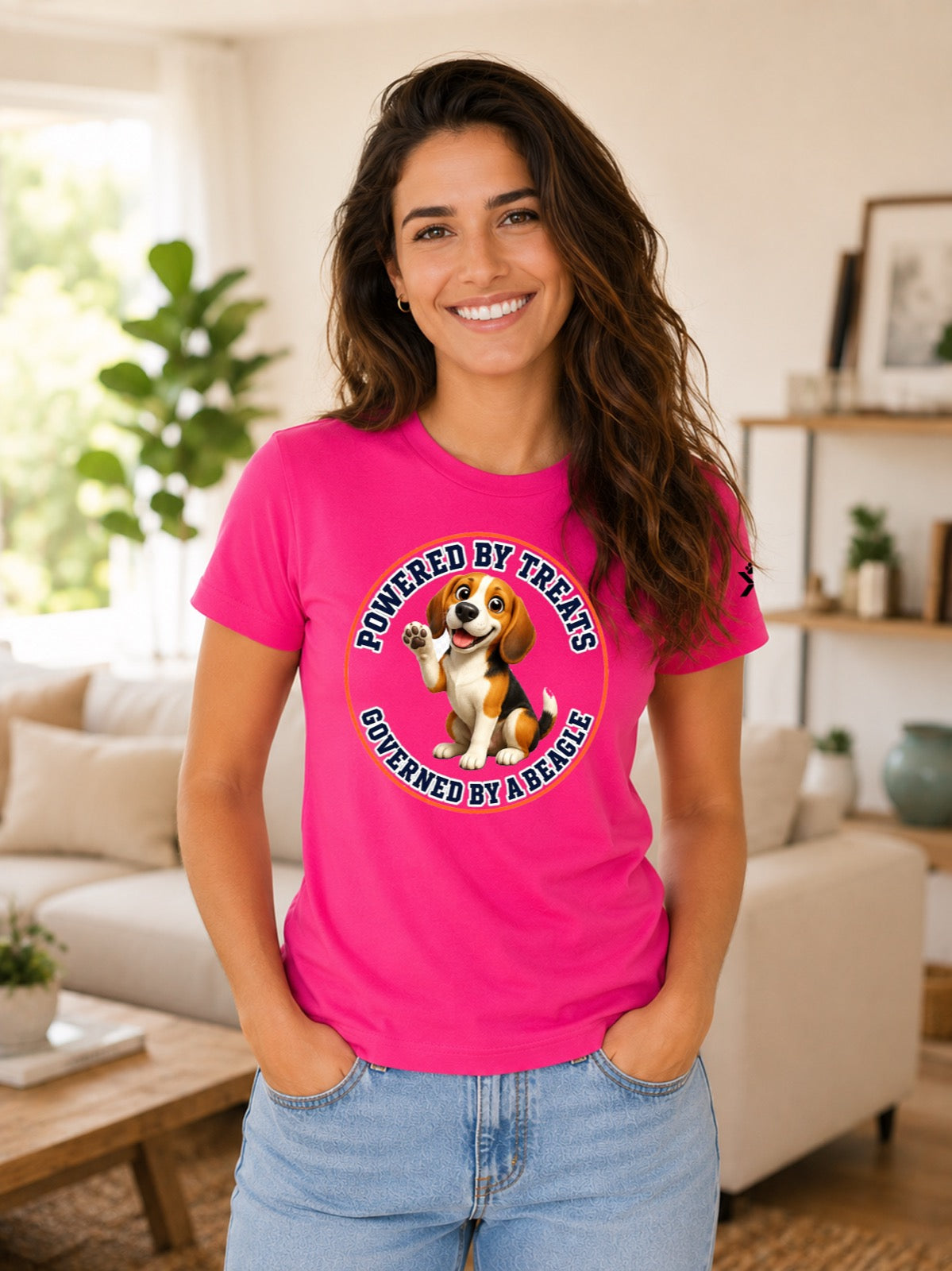 NOMAiX PAWS Beagle T-Shirt for Women - Powered By Treats Governed By a Beagle - Funny Dog Mom Gift Tee - Bright Pink - Lifestyle