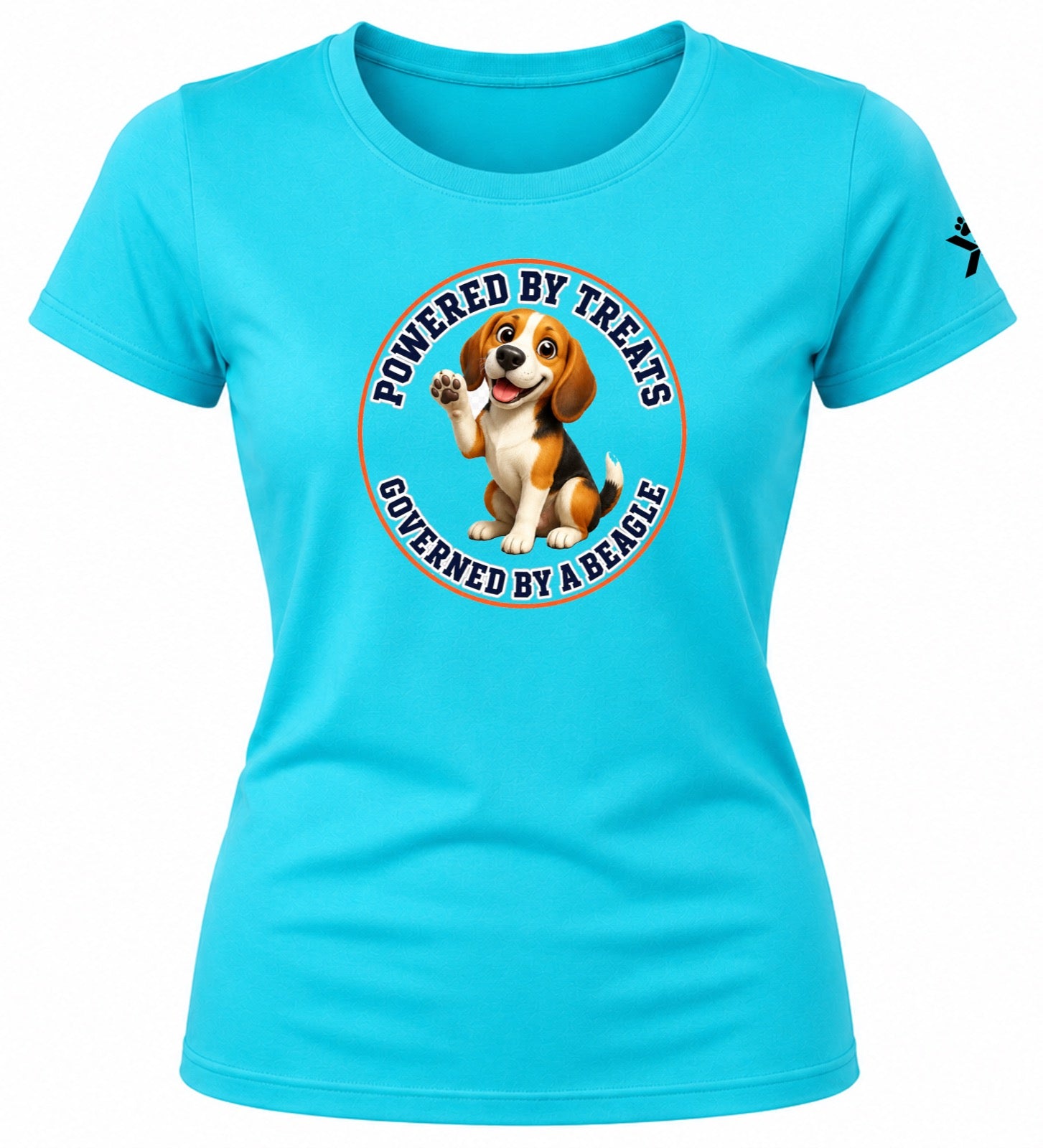 NOMAiX PAWS Beagle T-Shirt for Women - Powered By Treats Governed By a Beagle - Funny Dog Mom Gift Tee - Cyan - Flat