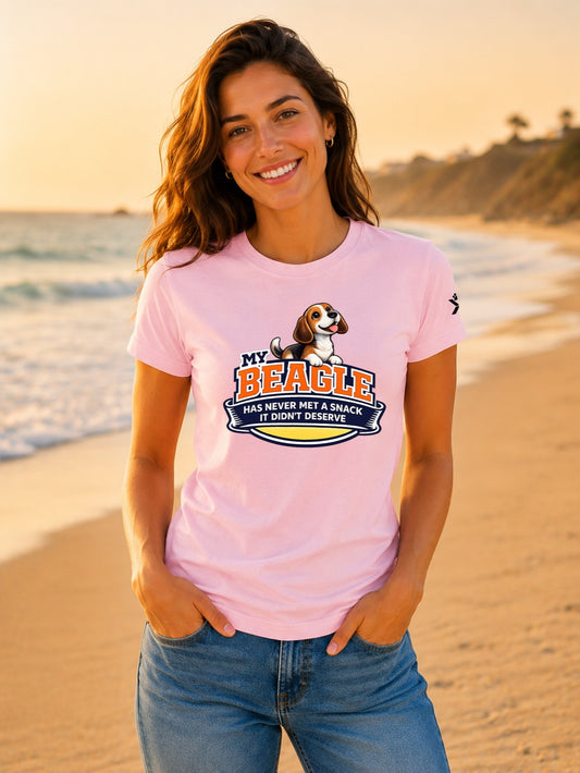NOMAiX PAWS Beagle T-Shirt for Women - My Beagle Has Never Met a Snack It Didn't Deserve - Funny Dog Mom Gift Tee - Baby Pink - Lifestyle