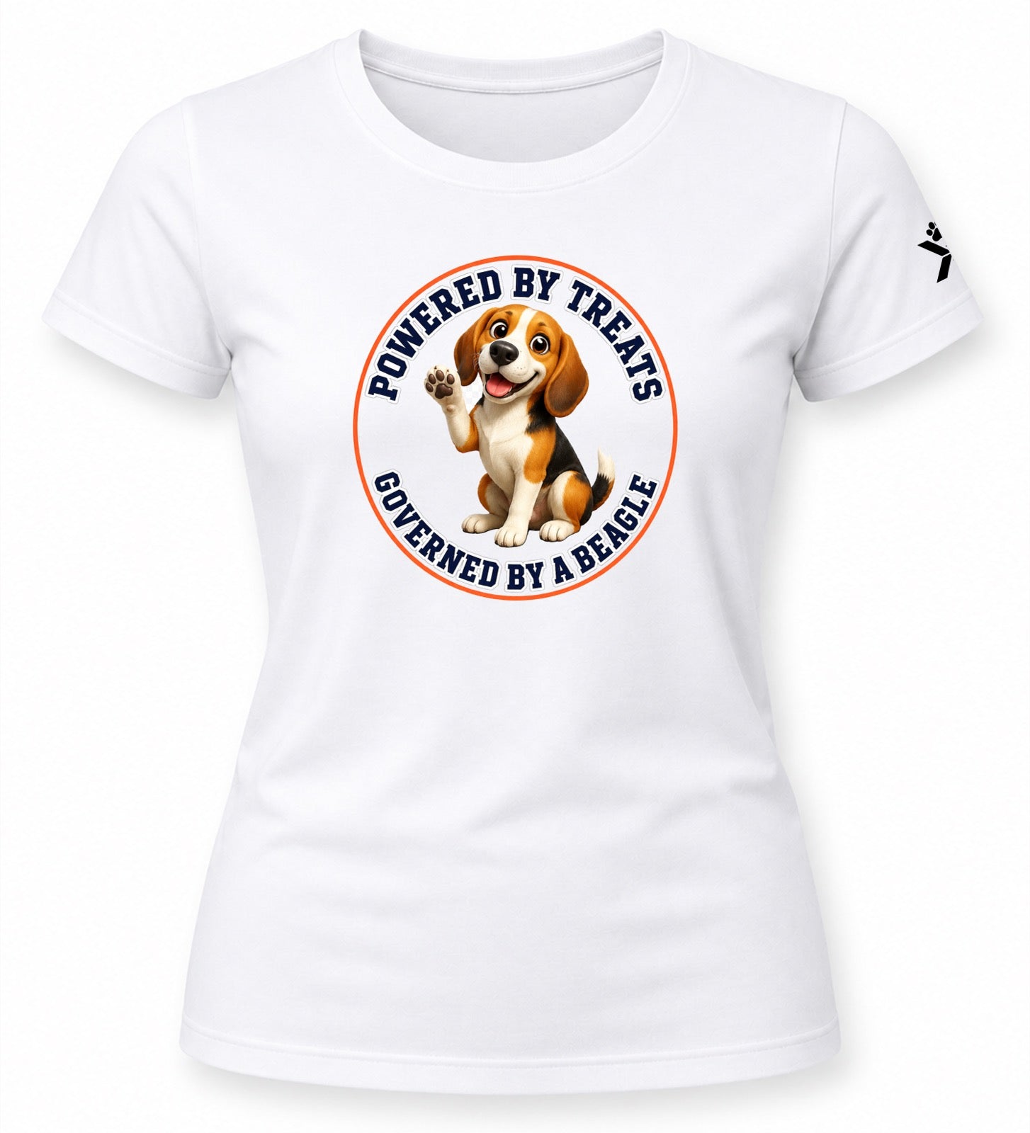 NOMAiX PAWS Beagle T-Shirt for Women - Powered By Treats Governed By a Beagle - Funny Dog Mom Gift Tee - White - Flat