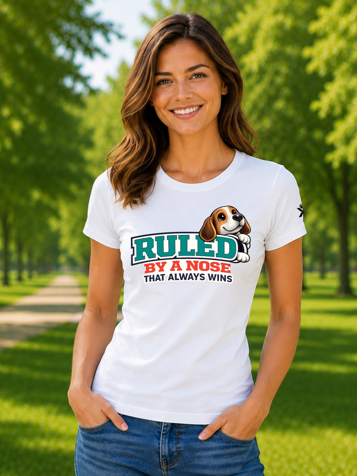 NOMAiX PAWS Beagle T-Shirt for Women - Ruled By a Nose That Always Wins - Funny Dog Mom Gift Tee - White - Lifestyle