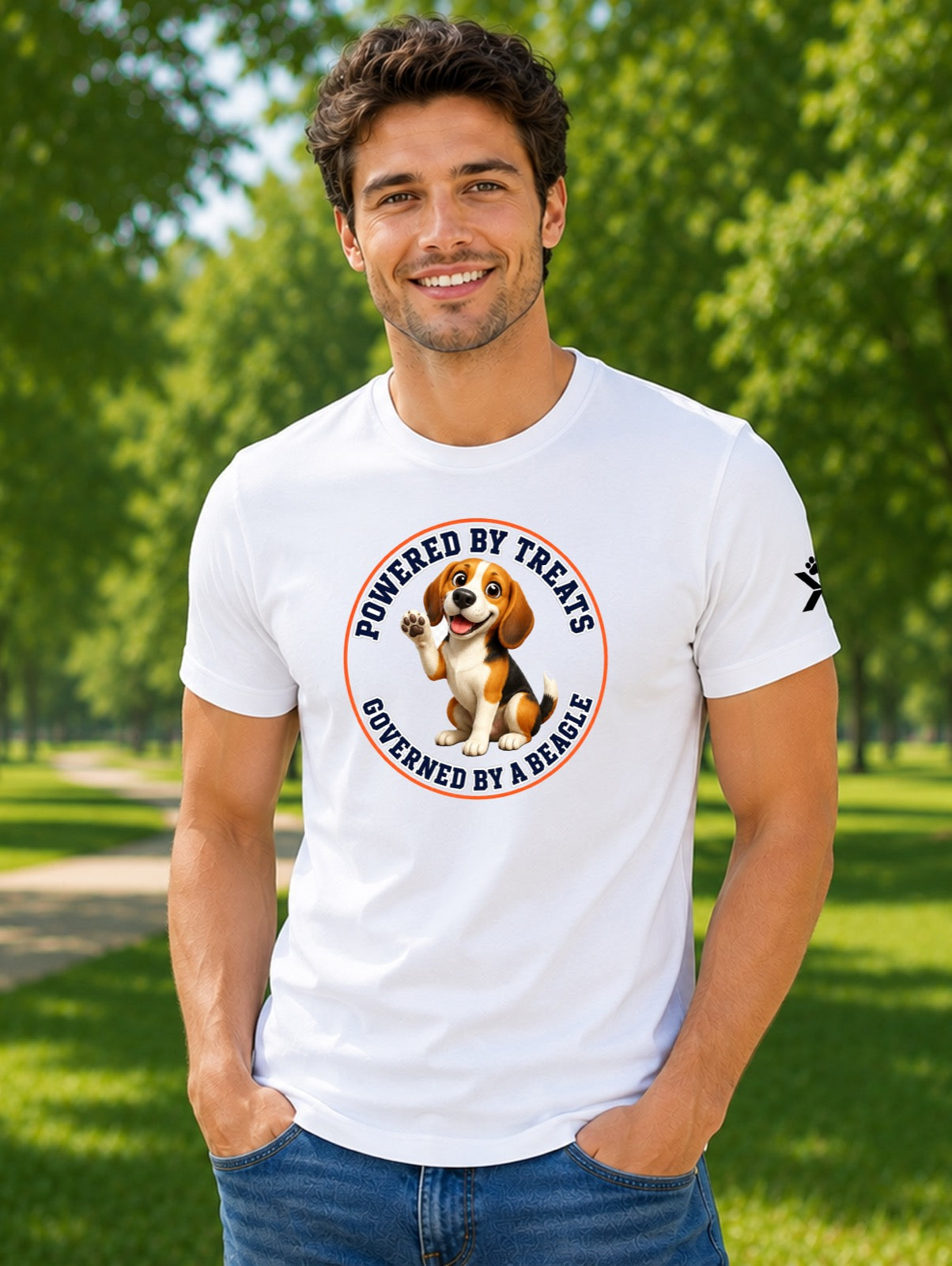 NOMAiX PAWS Beagle T-Shirt for Men - Powered By Treats Governed By a Beagle - Funny Dog Dad Gift Tee - White - Lifestyle