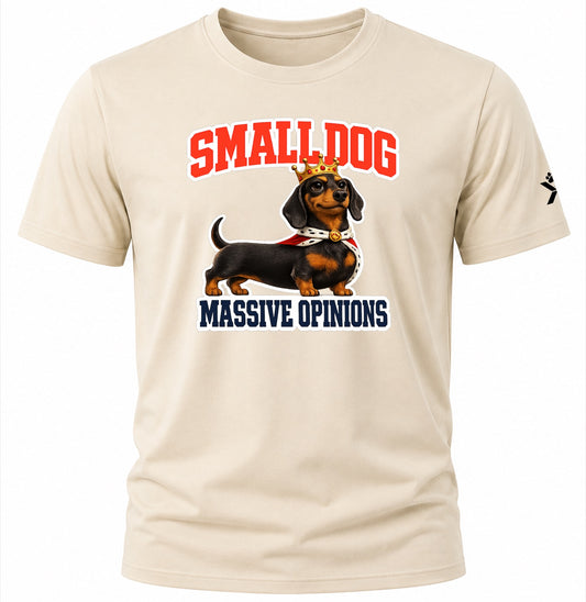 NOMAiX PAWS Dachshund T-Shirt for Men - Small Dog Massive Opinions - Funny Dog Dad Gift Tee - Beige - Flat