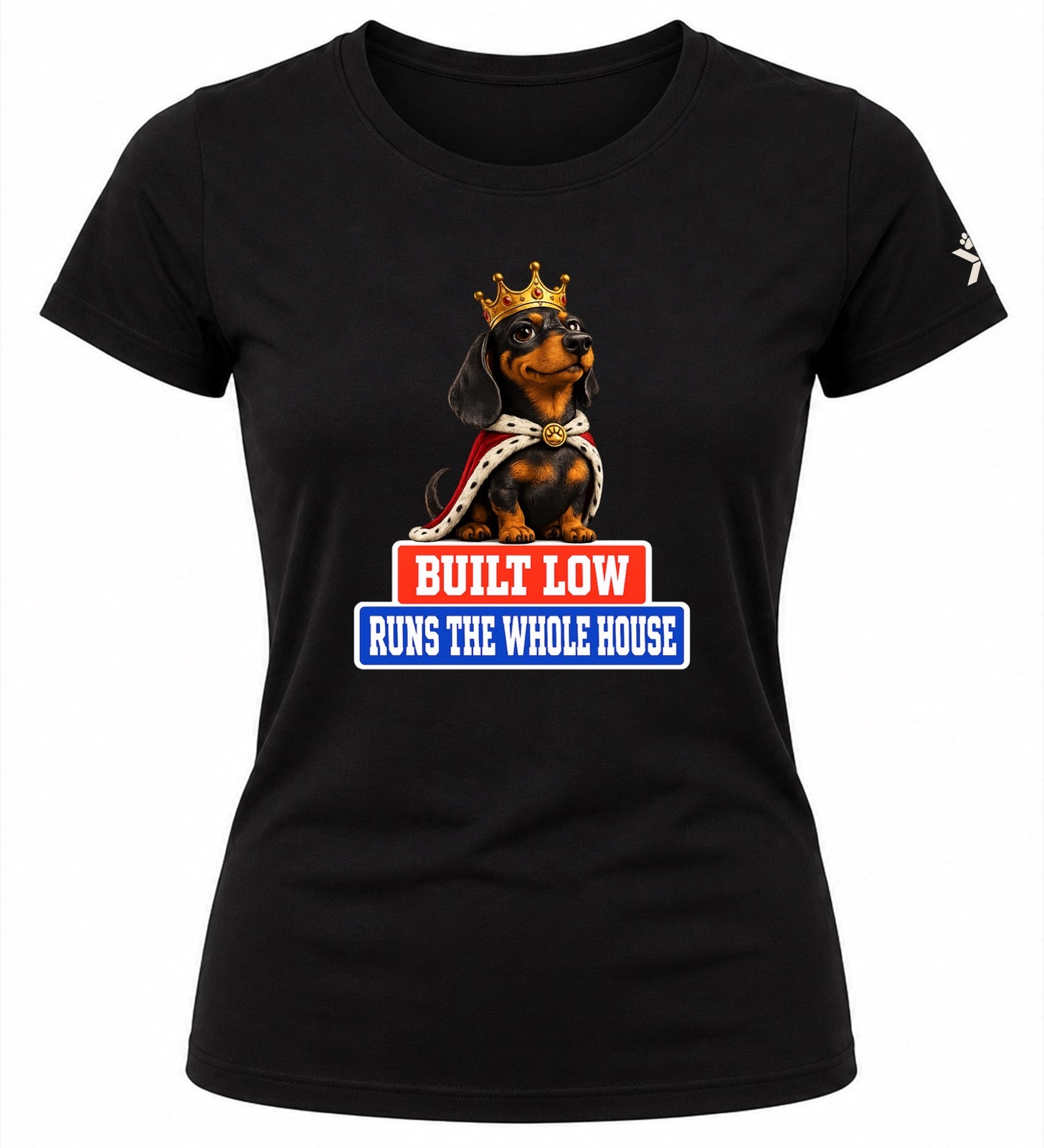NOMAiX PAWS Dachshund T-Shirt for Women - Built Low Runs the Whole House - Funny Dog Mom Gift Tee - Black - Flat