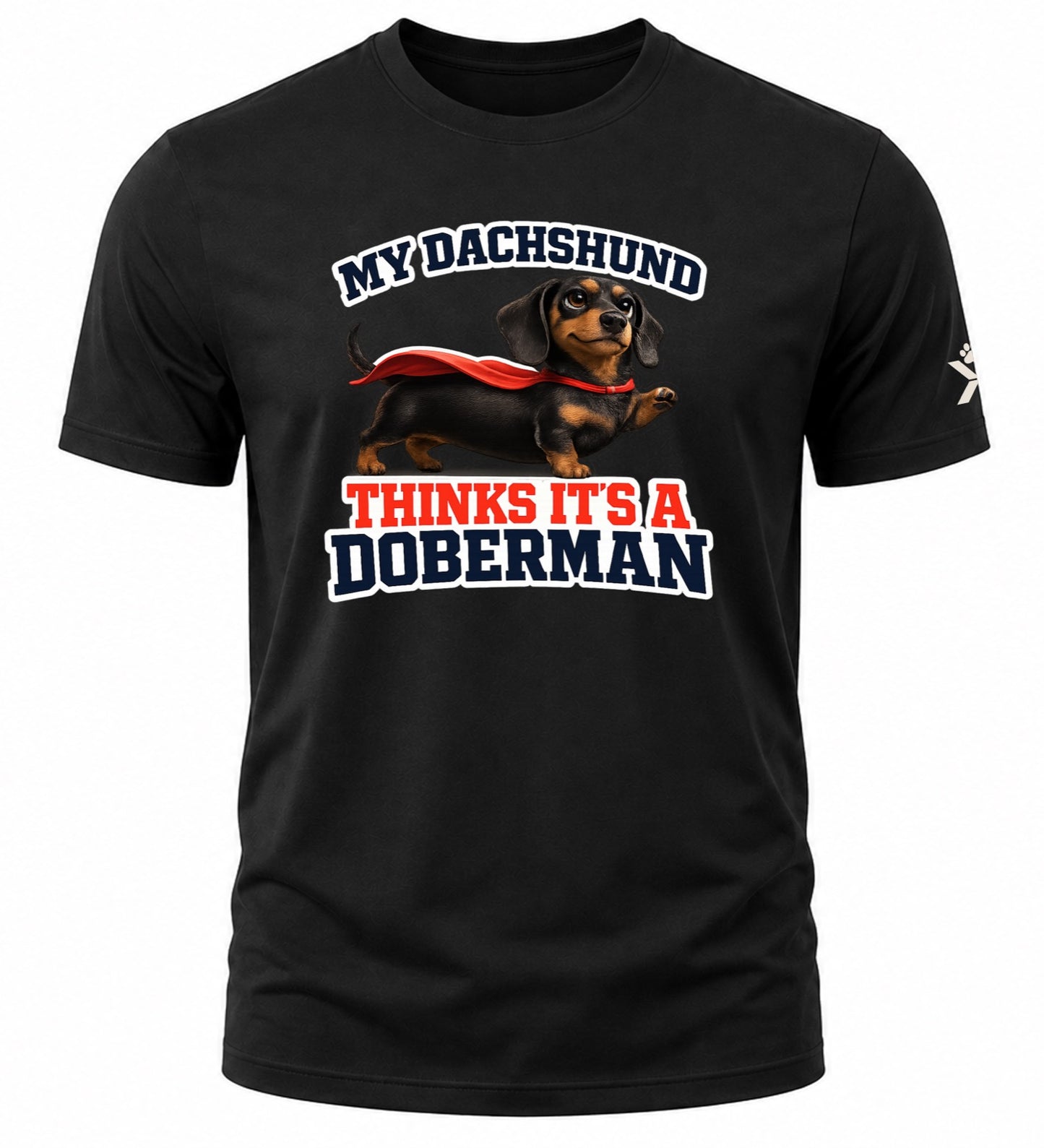 NOMAiX PAWS Dachshund T-Shirt for Men - My Dachshund Thinks It's a Doberman - Funny Dog Dad Gift Tee - Black - Flat