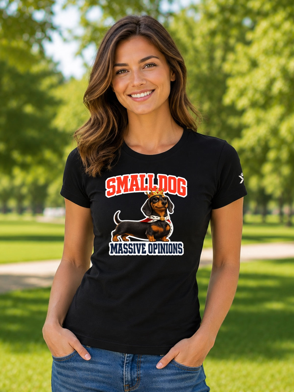 NOMAiX PAWS Dachshund T-Shirt for Women - Small Dog Massive Opinions - Funny Dog Mom Gift Tee - Black - Lifestyle
