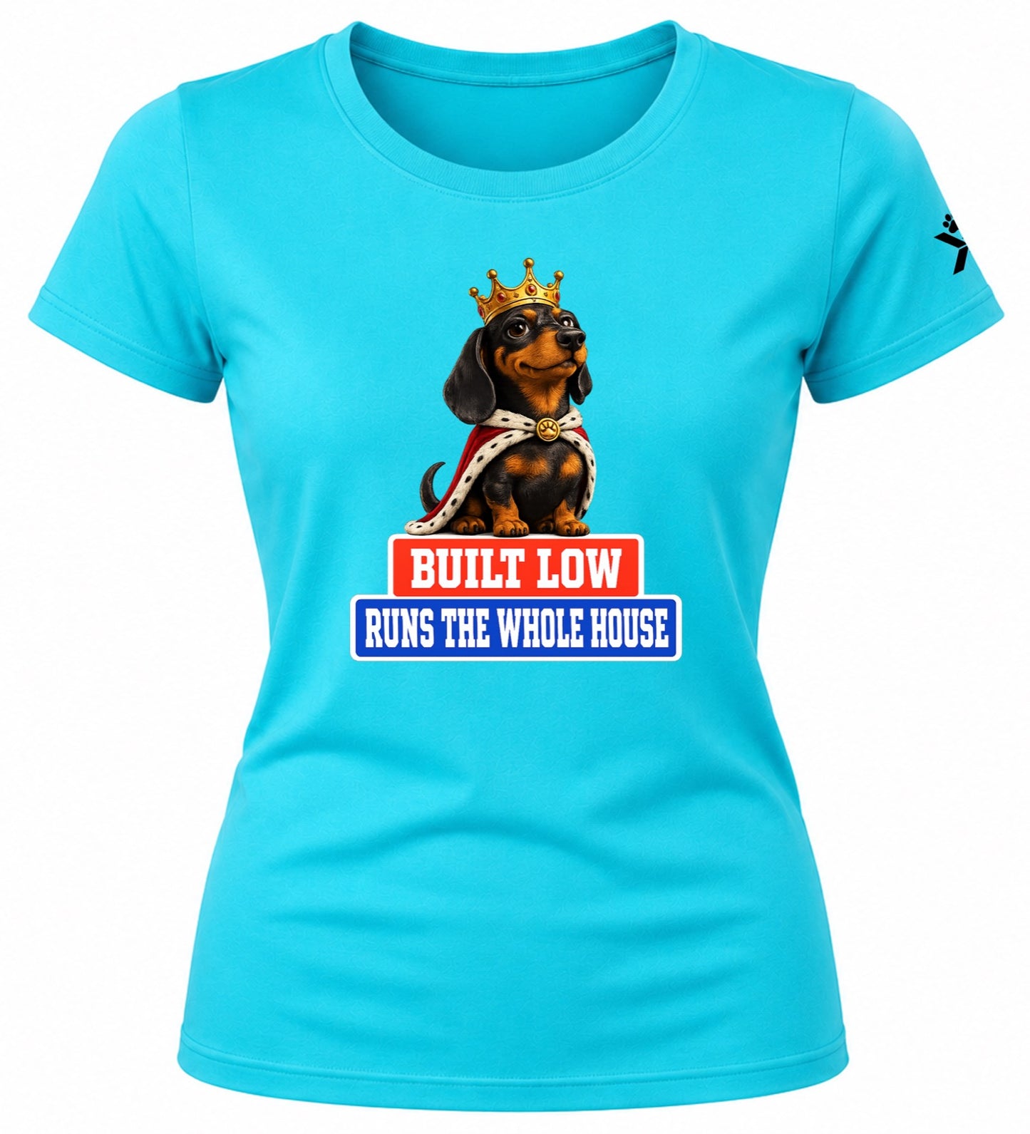 NOMAiX PAWS Dachshund T-Shirt for Women - Built Low Runs the Whole House - Funny Dog Mom Gift Tee - Cyan - Flat