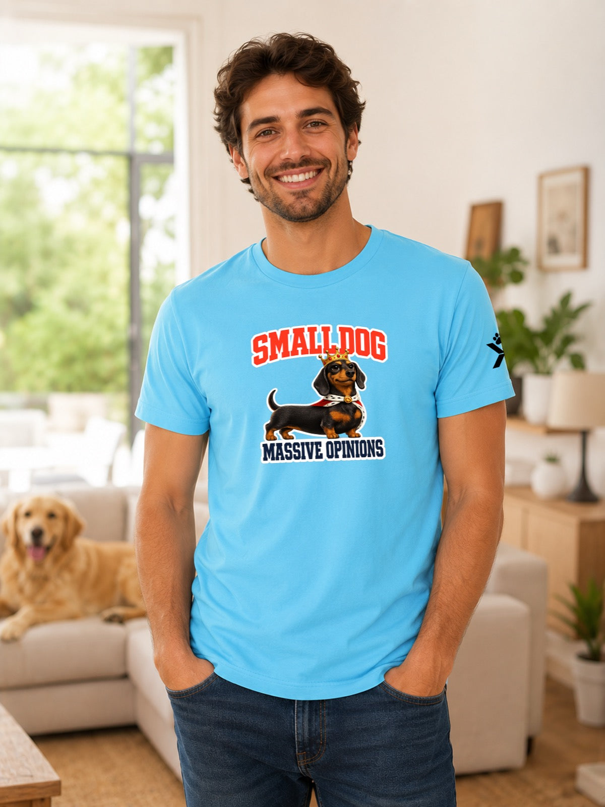 NOMAiX PAWS Dachshund T-Shirt for Men - Small Dog Massive Opinions - Funny Dog Dad Gift Tee - Cyan - Lifestyle