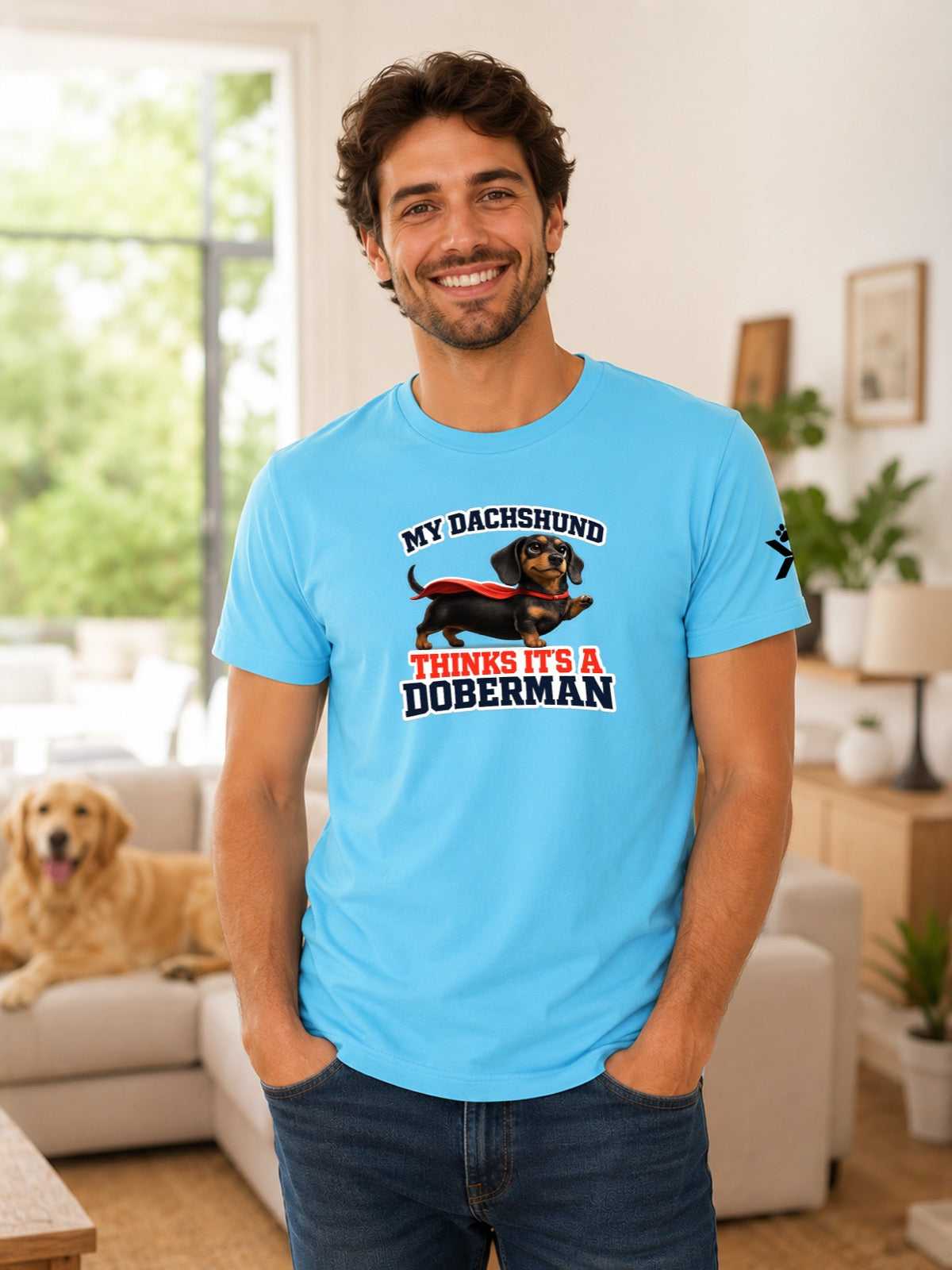NOMAiX PAWS Dachshund T-Shirt for Men - My Dachshund Thinks It's a Doberman - Funny Dog Dad Gift Tee - Cyan - Lifestyle