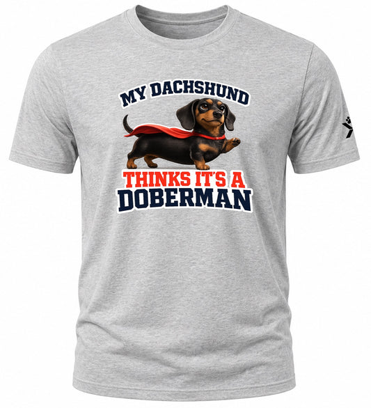 NOMAiX PAWS Dachshund T-Shirt for Men - My Dachshund Thinks It's a Doberman - Funny Dog Dad Gift Tee - Grey - Flat