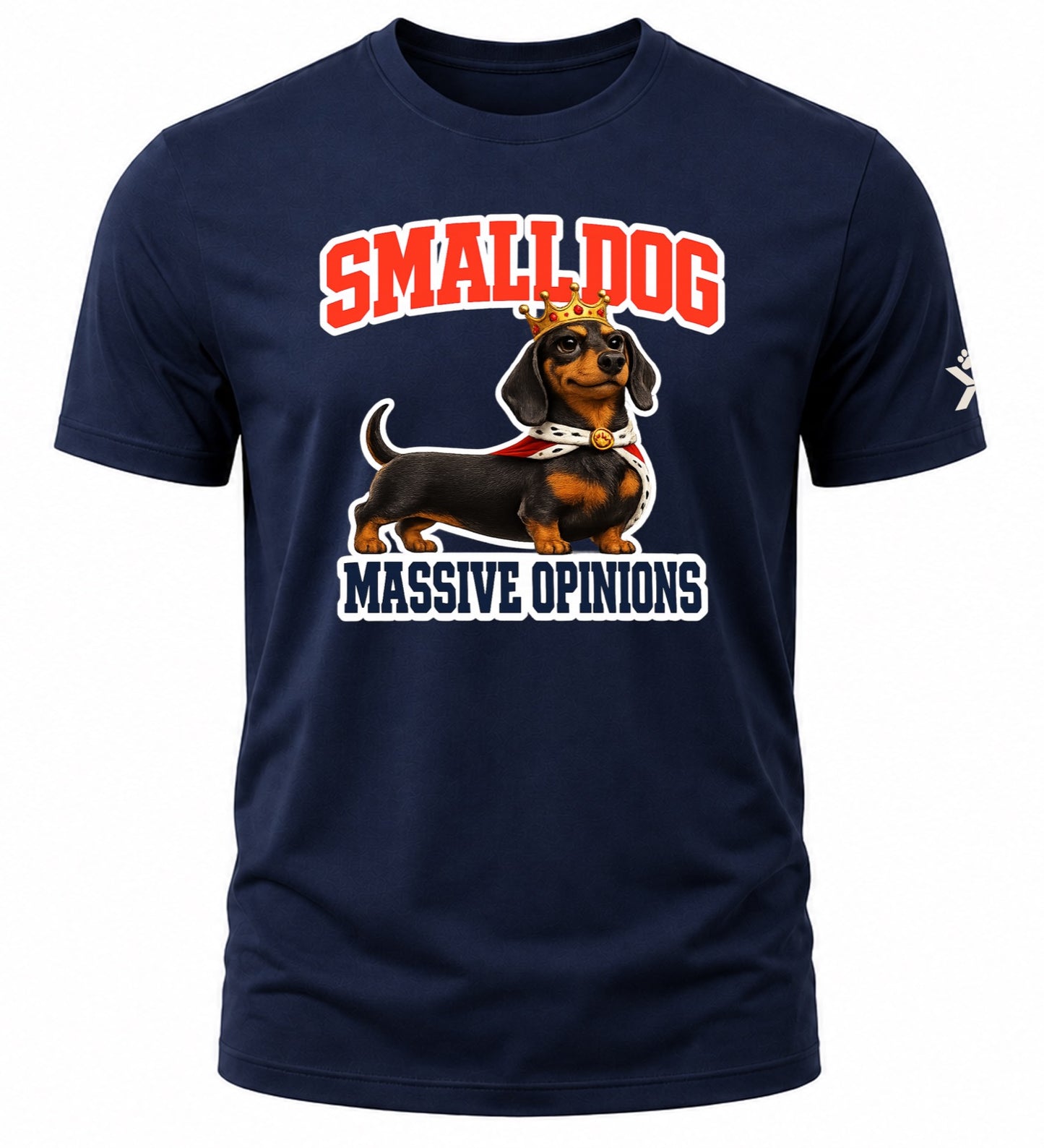 NOMAiX PAWS Dachshund T-Shirt for Men - Small Dog Massive Opinions - Funny Dog Dad Gift Tee - Navy - Flat