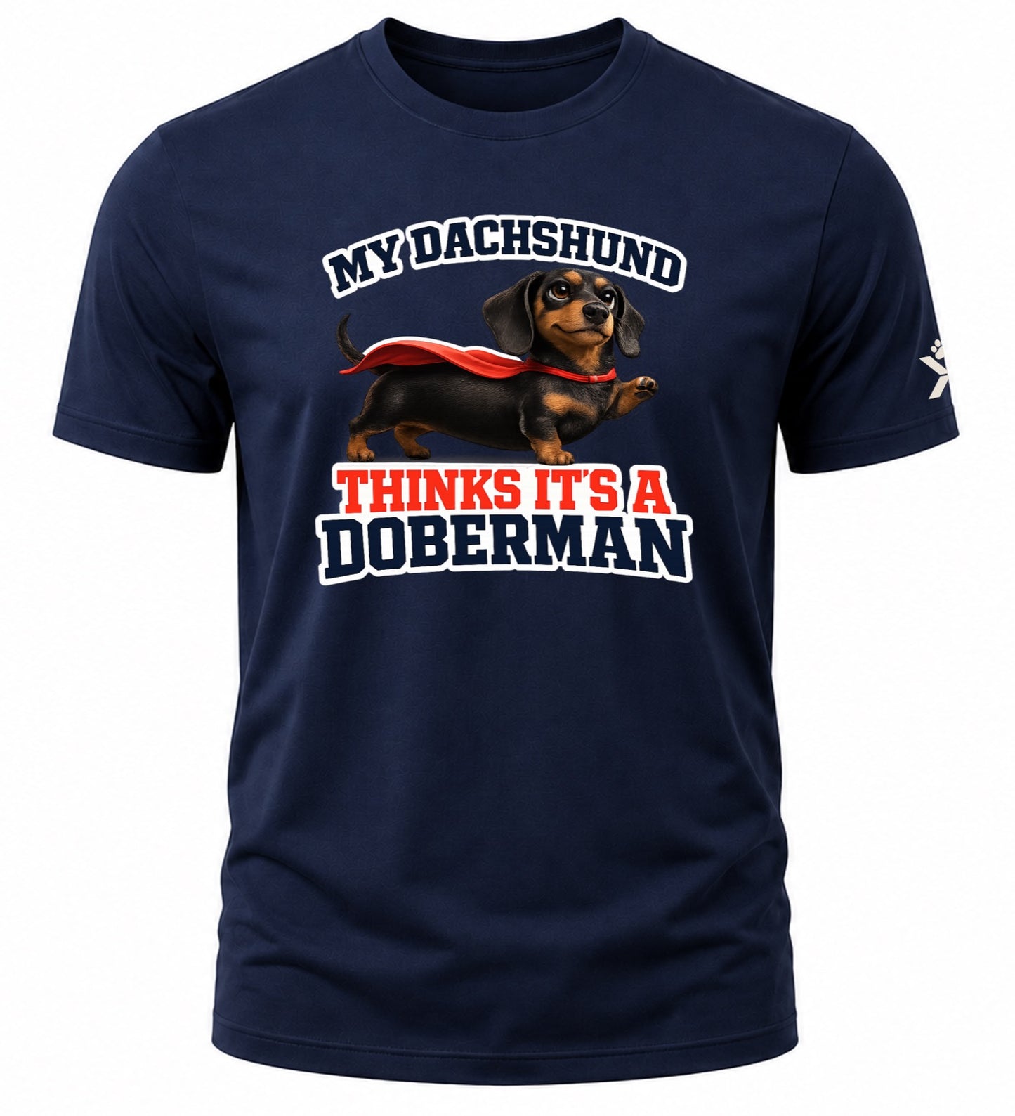NOMAiX PAWS Dachshund T-Shirt for Men - My Dachshund Thinks It's a Doberman - Funny Dog Dad Gift Tee - Navy - Flat