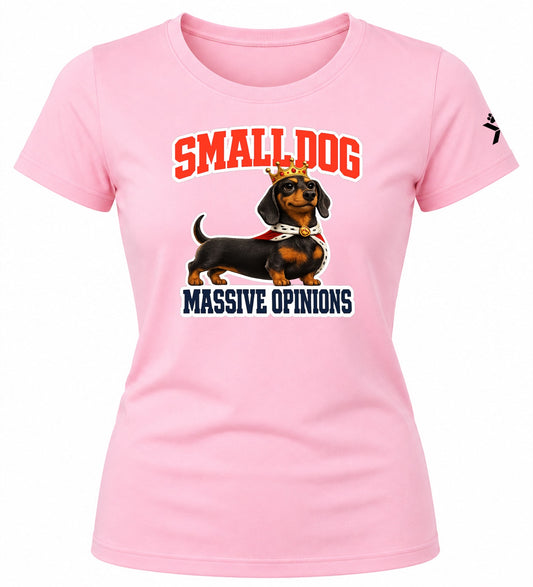 NOMAiX PAWS Dachshund T-Shirt for Women - Small Dog Massive Opinions - Funny Dog Mom Gift Tee - Baby Pink - Flat