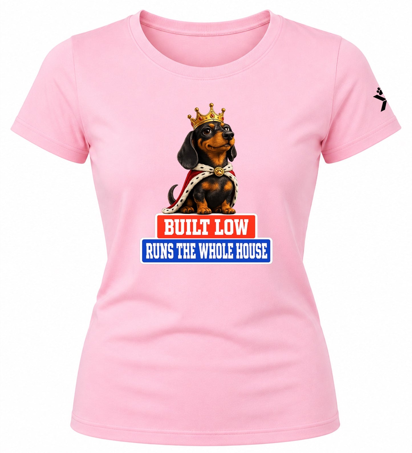 NOMAiX PAWS Dachshund T-Shirt for Women - Built Low Runs the Whole House - Funny Dog Mom Gift Tee - Baby Pink - Flat