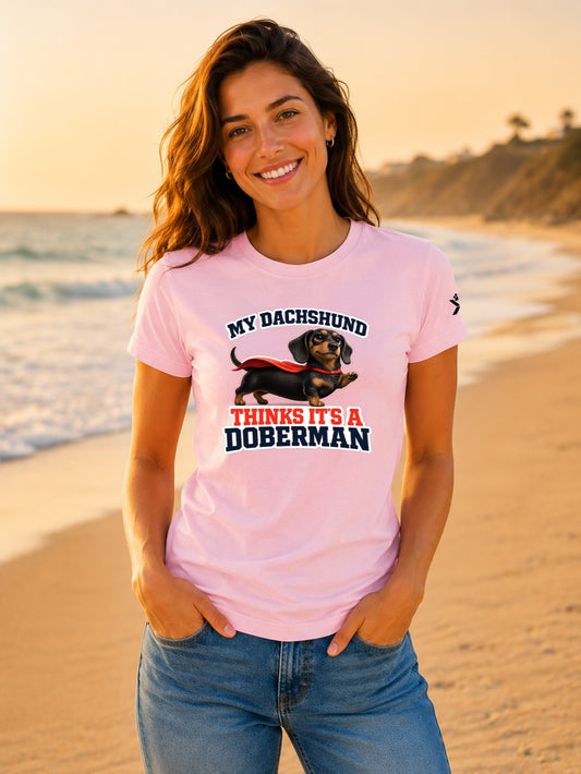 NOMAiX PAWS Dachshund T-Shirt for Women - My Dachshund Thinks It's a Doberman - Funny Dog Mom Gift Tee - Baby Pink - Lifestyle