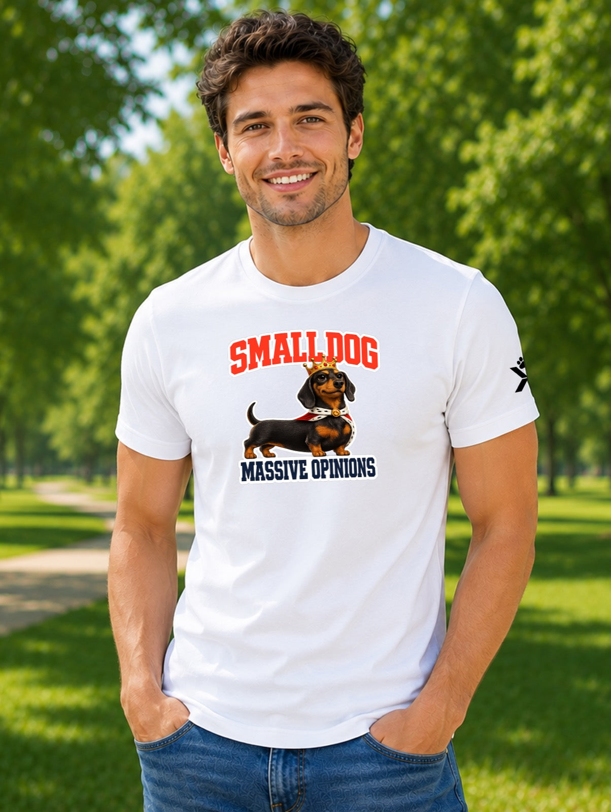 NOMAiX PAWS Dachshund T-Shirt for Men - Small Dog Massive Opinions - Funny Dog Dad Gift Tee - White - Lifestyle