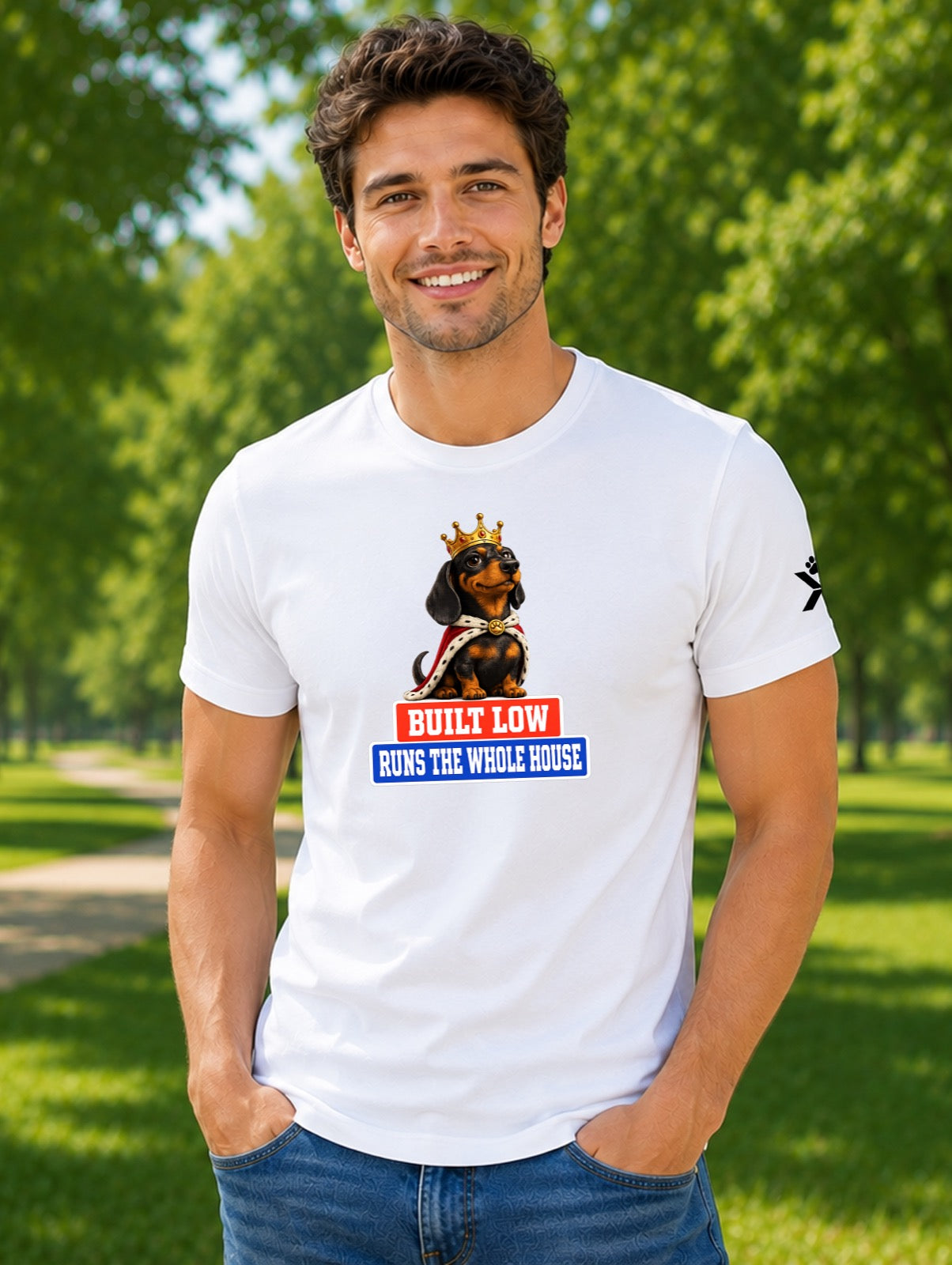 NOMAiX PAWS Dachshund T-Shirt for Men - Built Low Runs the Whole House - Funny Dog Dad Gift Tee - White - Lifestyle