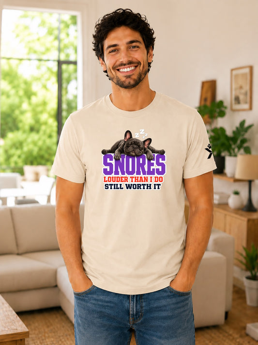 NOMAiX PAWS French Bulldog T-Shirt for Men - Snores Louder Than I Do Still Worth It - Funny Dog Dad Gift Tee - Beige - Lifestyle