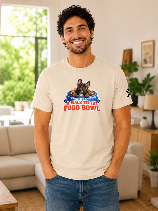 NOMAiX PAWS French Bulldog T-Shirt for Men - My Frenchie's Cardio Is a Walk to the Food Bowl - Funny Dog Dad Gift Tee - Beige - Lifestyle