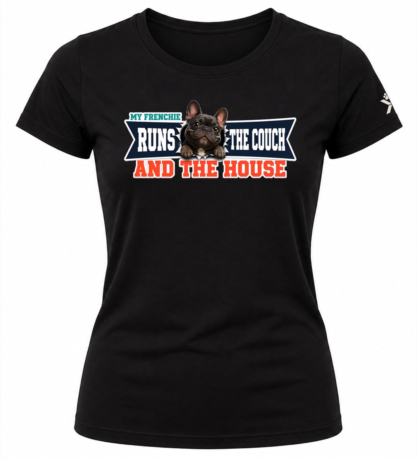 NOMAiX PAWS French Bulldog T-Shirt for Women - My Frenchie Runs the Couch and the House - Funny Dog Mom Gift Tee - Black - Flat