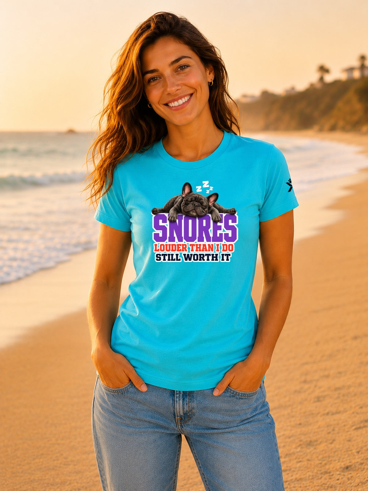 NOMAiX PAWS French Bulldog T-Shirt for Women - Snores Louder Than I Do Still Worth It - Funny Dog Mom Gift Tee - Cyan - Lifestyle