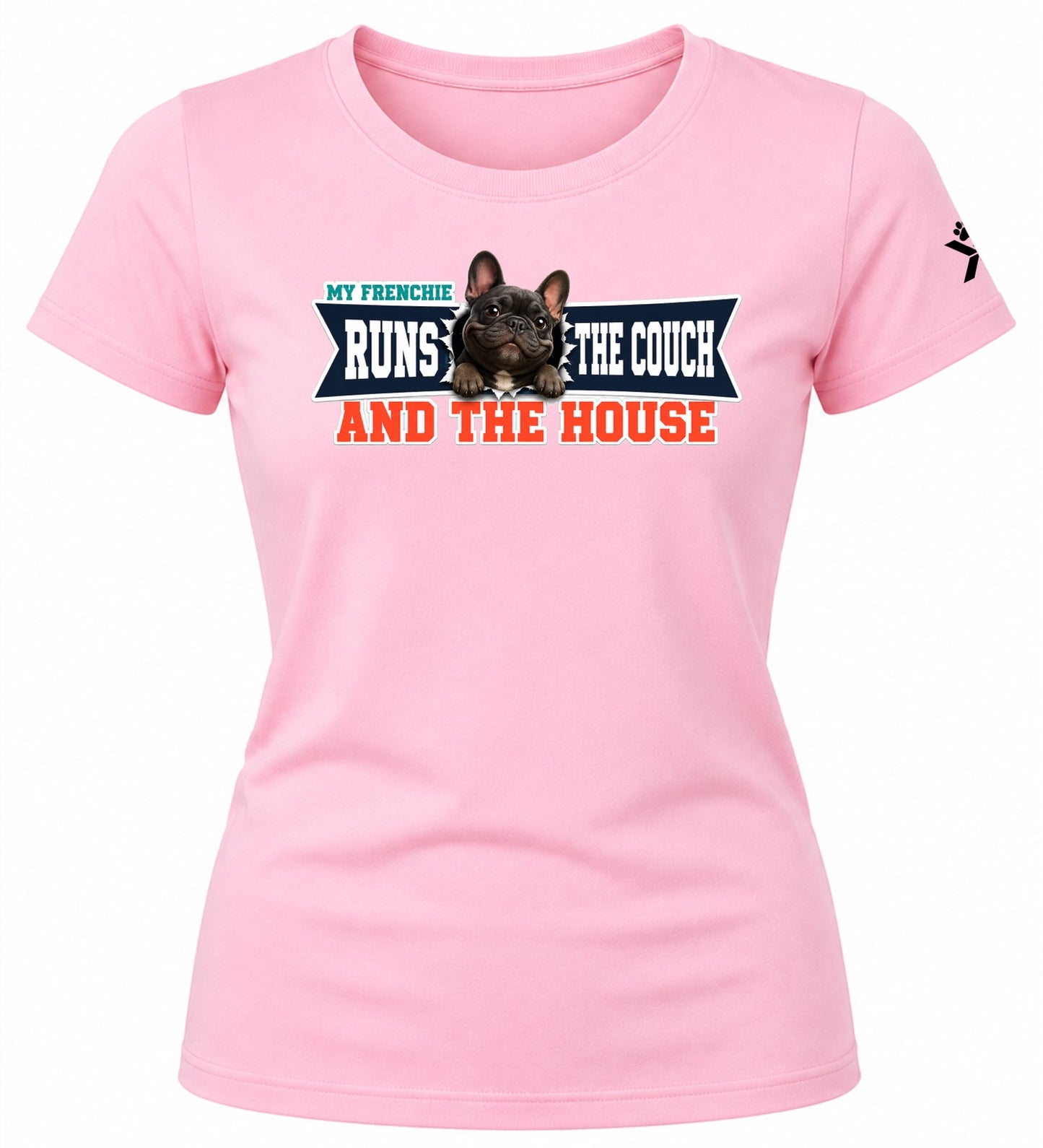 NOMAiX PAWS French Bulldog T-Shirt for Women - My Frenchie Runs the Couch and the House - Funny Dog Mom Gift Tee - Baby Pink - Flat