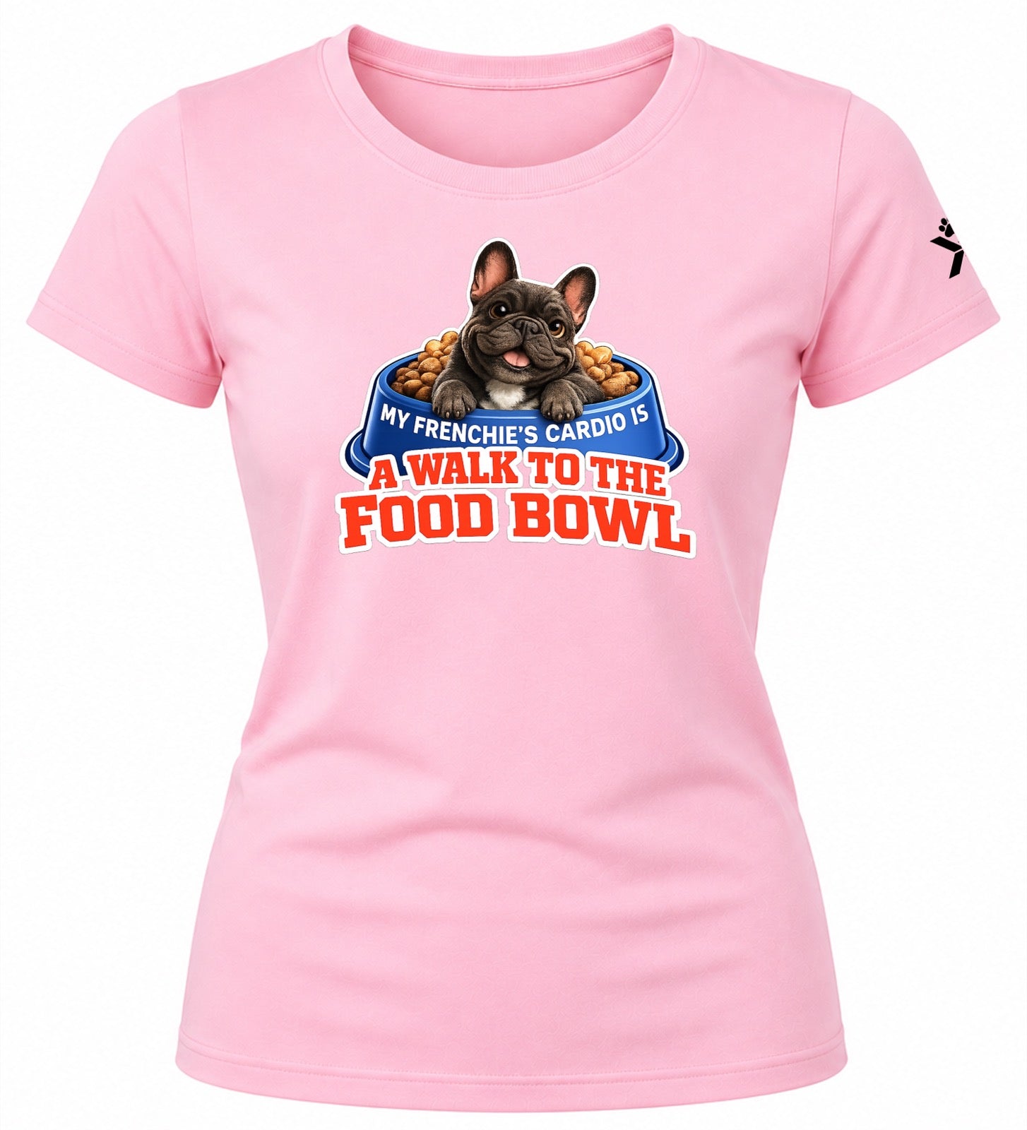 NOMAiX PAWS French Bulldog T-Shirt for Women - My Frenchie's Cardio Is a Walk to the Food Bowl - Funny Dog Mom Gift Tee - Baby Pink - Flat