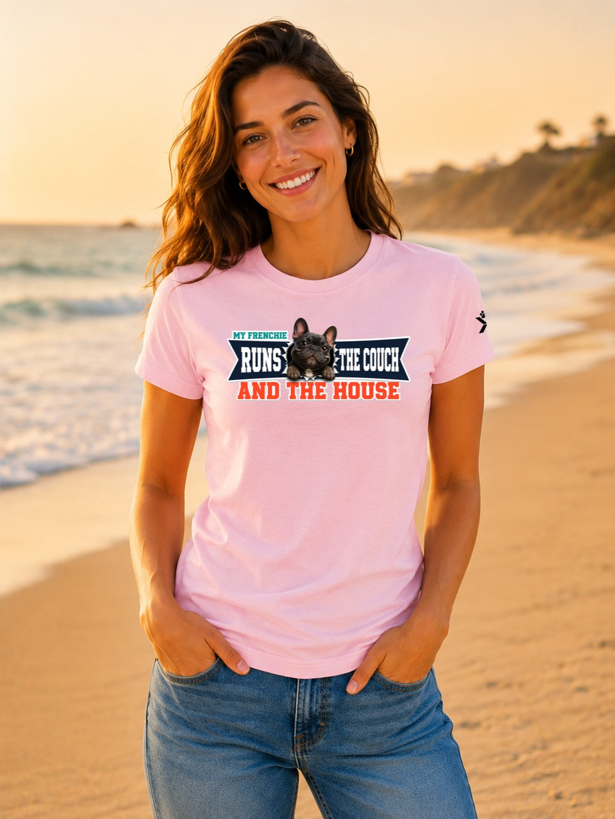 NOMAiX PAWS French Bulldog T-Shirt for Women - My Frenchie Runs the Couch and the House - Funny Dog Mom Gift Tee - Baby Pink - Lifestyle
