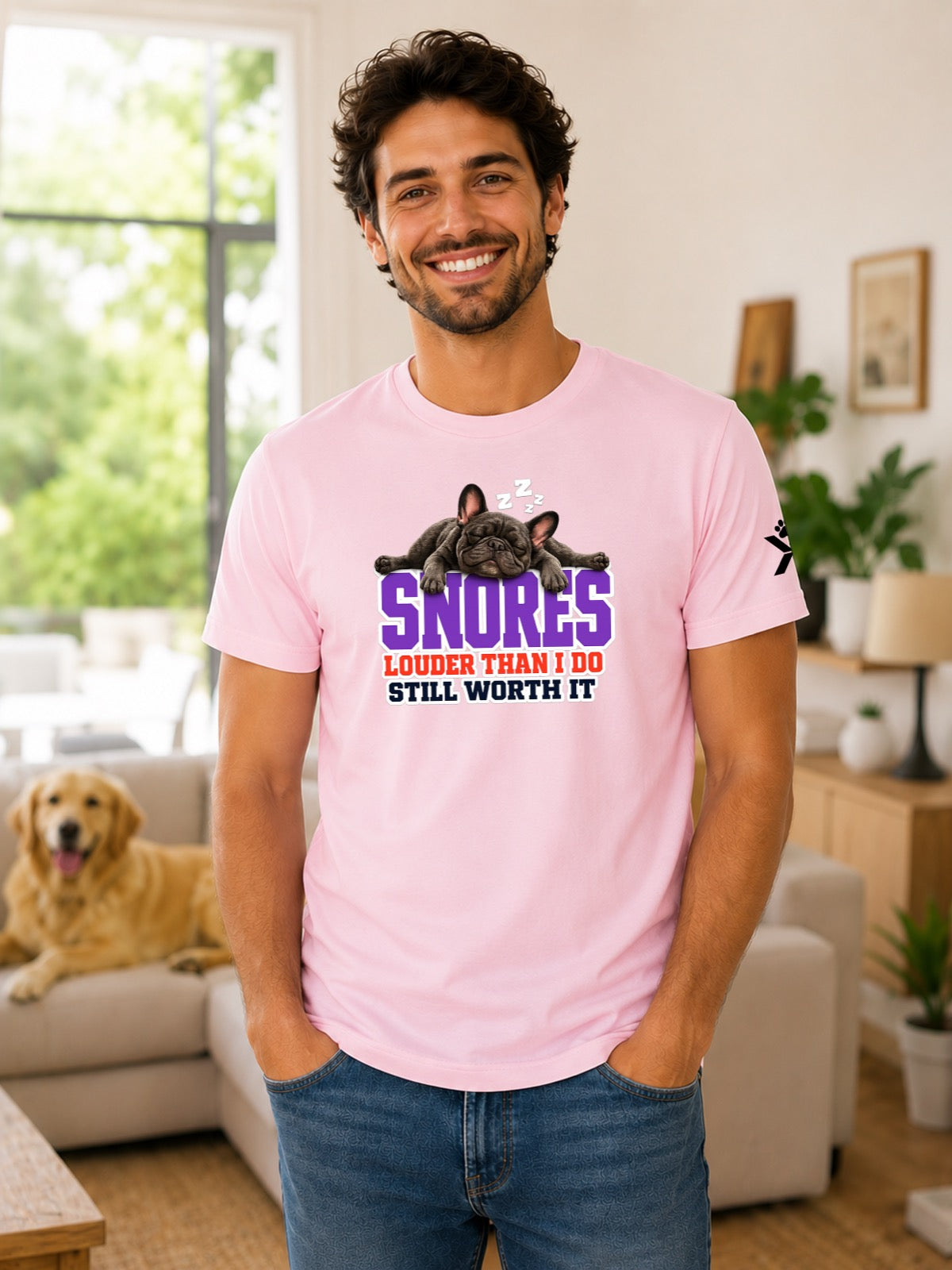 NOMAiX PAWS French Bulldog T-Shirt for Men - Snores Louder Than I Do Still Worth It - Funny Dog Dad Gift Tee - Pink - Lifestyle