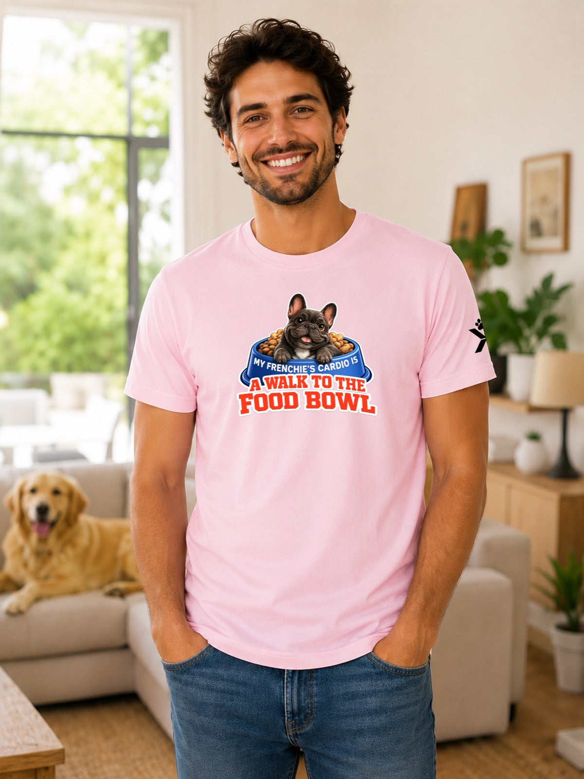 NOMAiX PAWS French Bulldog T-Shirt for Men - My Frenchie's Cardio Is a Walk to the Food Bowl - Funny Dog Dad Gift Tee - Pink - Lifestyle