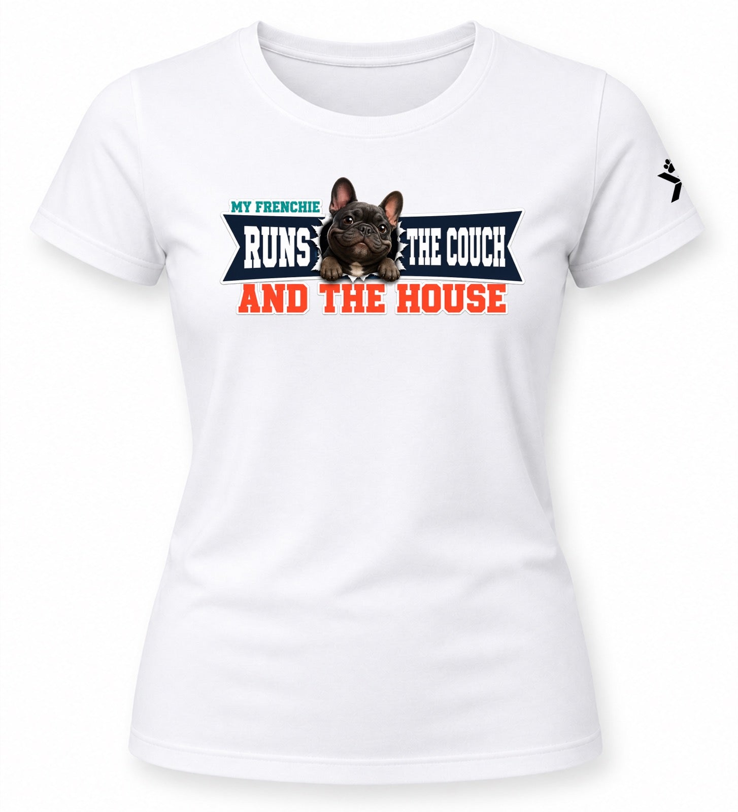 NOMAiX PAWS French Bulldog T-Shirt for Women - My Frenchie Runs the Couch and the House - Funny Dog Mom Gift Tee - White - Flat