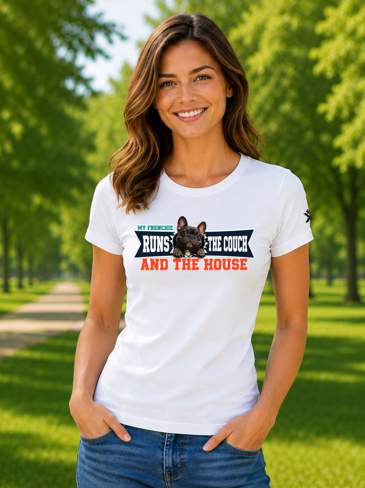 NOMAiX PAWS French Bulldog T-Shirt for Women - My Frenchie Runs the Couch and the House - Funny Dog Mom Gift Tee - White - Lifestyle