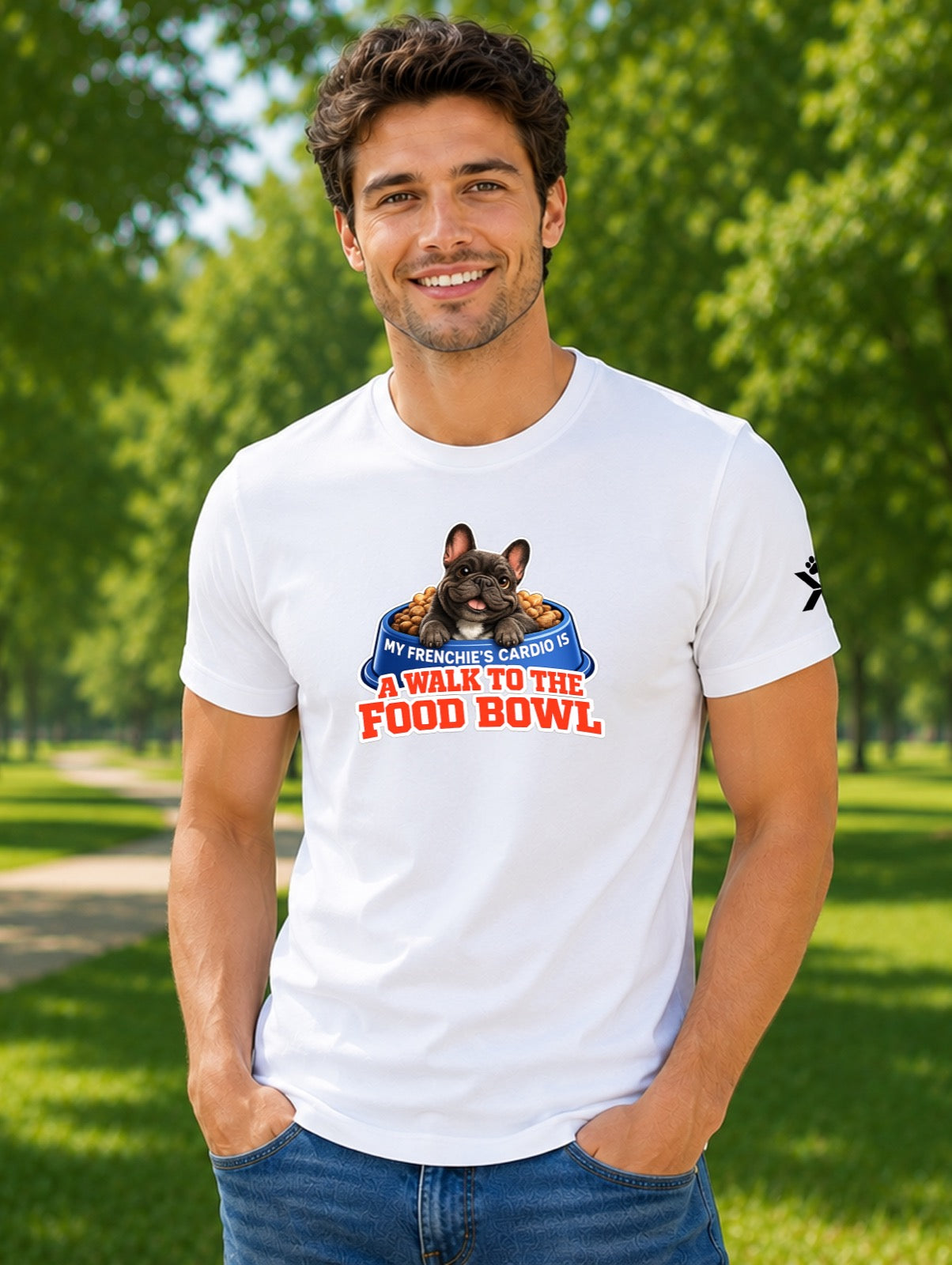 NOMAiX PAWS French Bulldog T-Shirt for Men - My Frenchie's Cardio Is a Walk to the Food Bowl - Funny Dog Dad Gift Tee - White - Lifestyle
