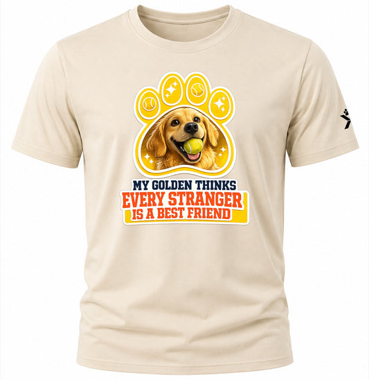NOMAiX PAWS Golden Retriever T-Shirt for Men - My Golden Thinks Every Stranger Is a Best Friend - Funny Dog Dad Gift Tee - Beige - Flat
