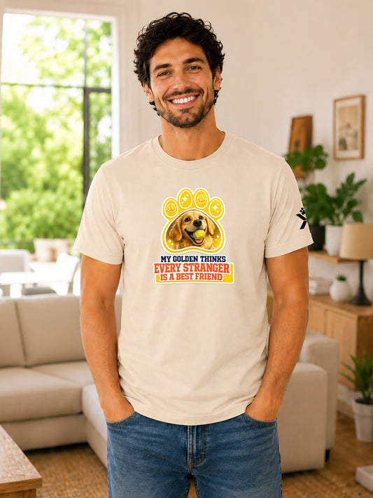 NOMAiX PAWS Golden Retriever T-Shirt for Men - My Golden Thinks Every Stranger Is a Best Friend - Funny Dog Dad Gift Tee - Beige - Lifestyle