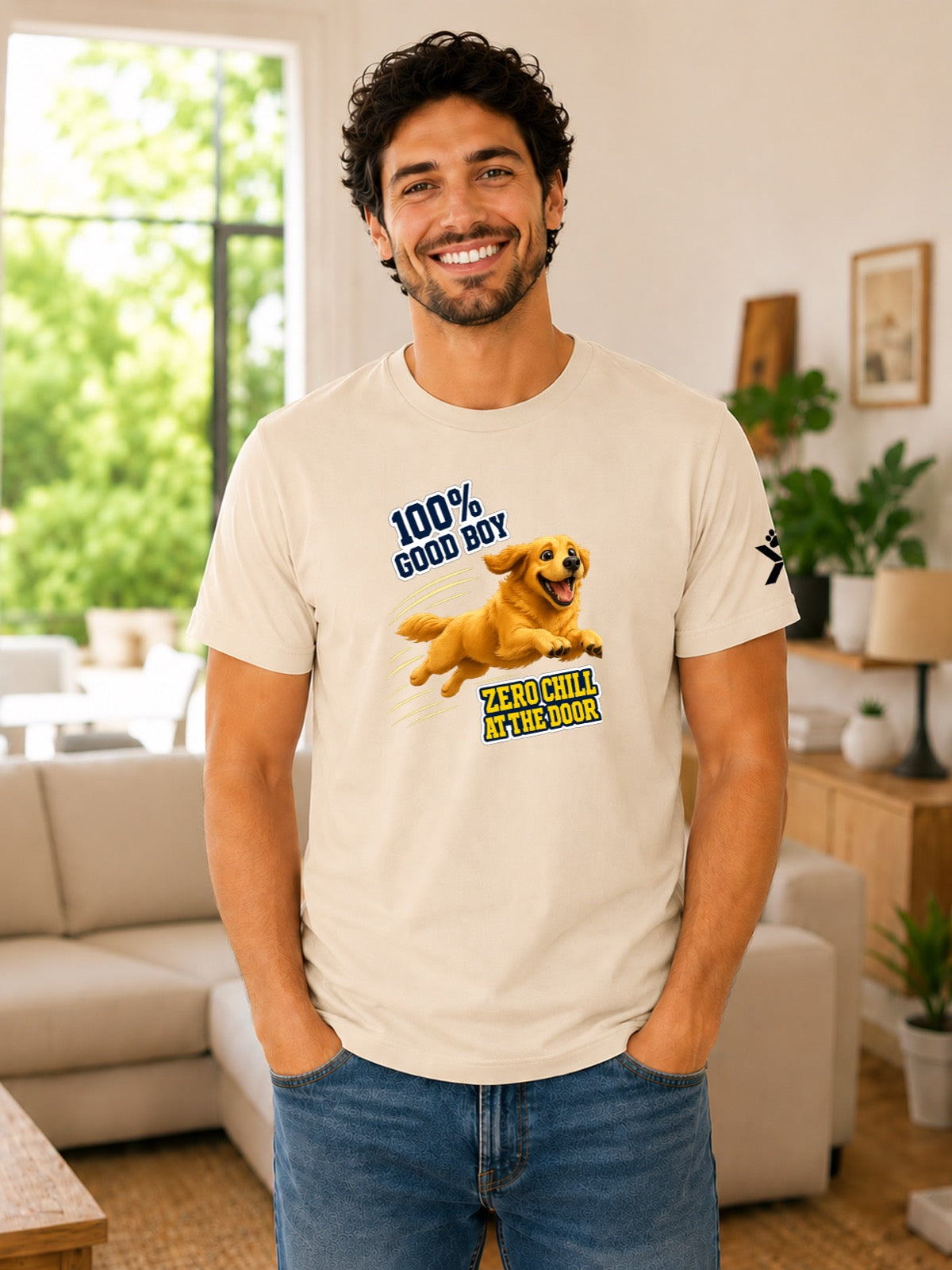 NOMAiX PAWS Golden Retriever T-Shirt for Men - 100% Good Boy Zero Chill at the Door - Funny Dog Dad Gift Tee - Beige - Lifestyle