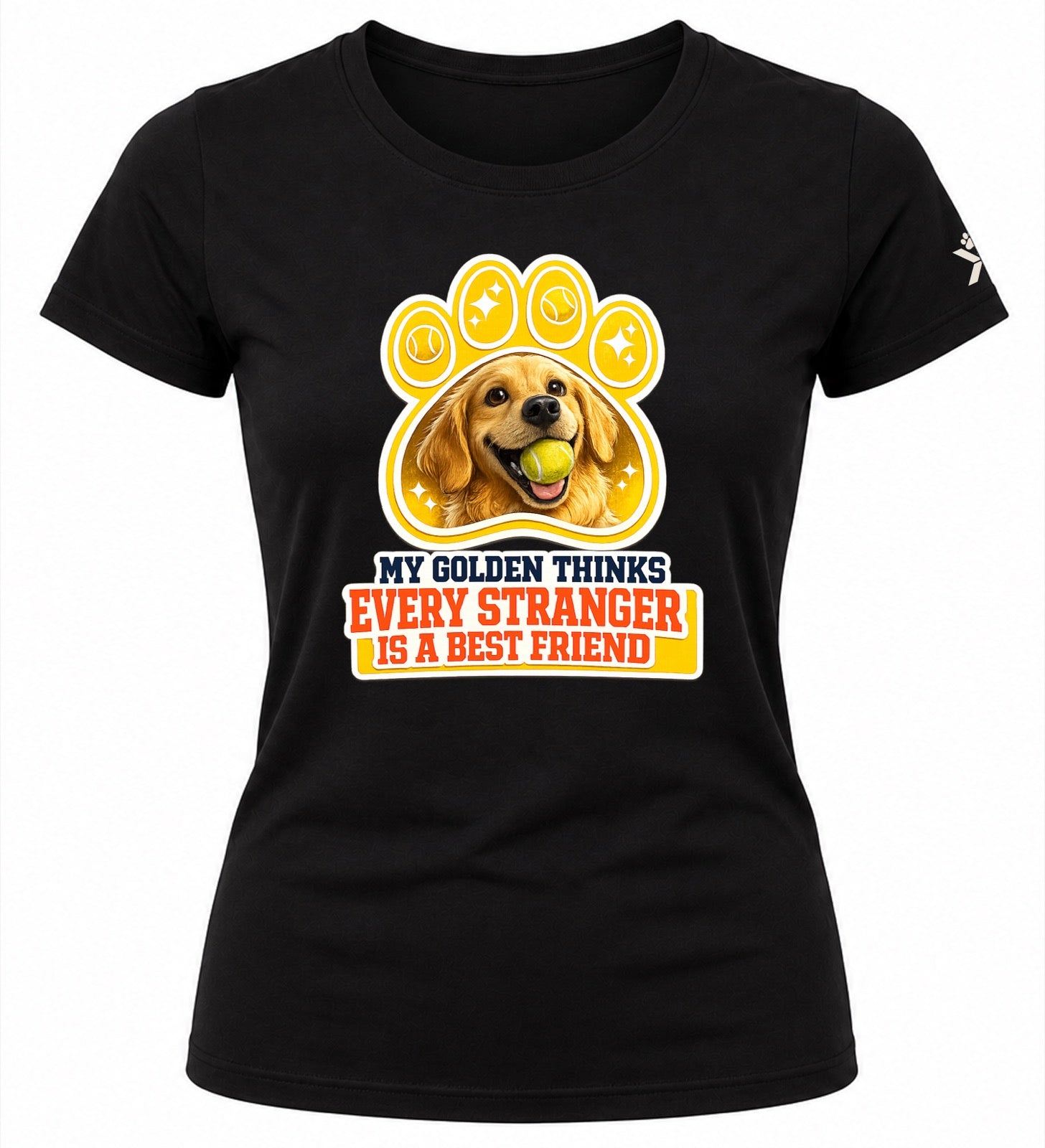 NOMAiX PAWS Golden Retriever T-Shirt for Women - My Golden Thinks Every Stranger Is a Best Friend - Funny Dog Mom Gift Tee - Black - Flat