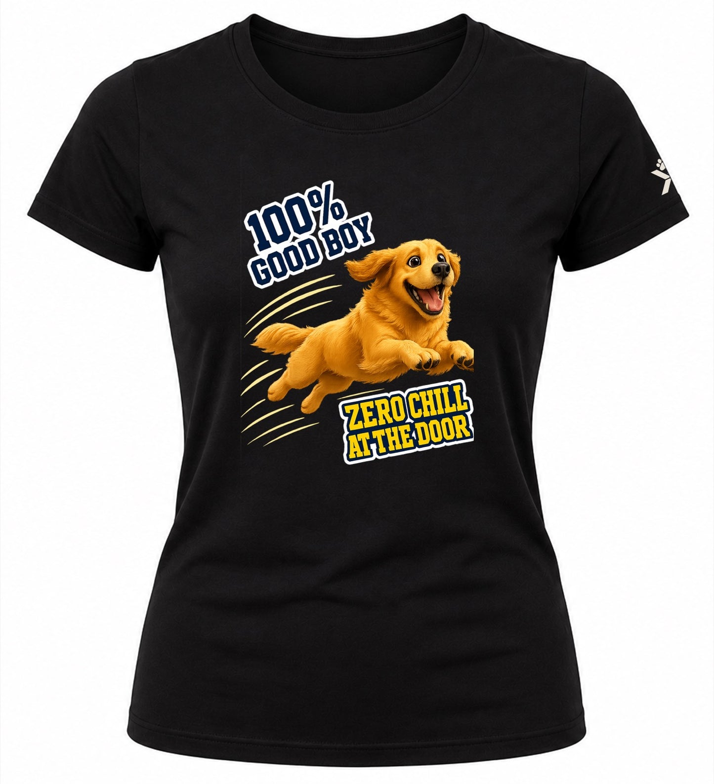 NOMAiX PAWS Golden Retriever T-Shirt for Women - 100% Good Boy Zero Chill at the Door - Funny Dog Mom Gift Tee - Black - Flat